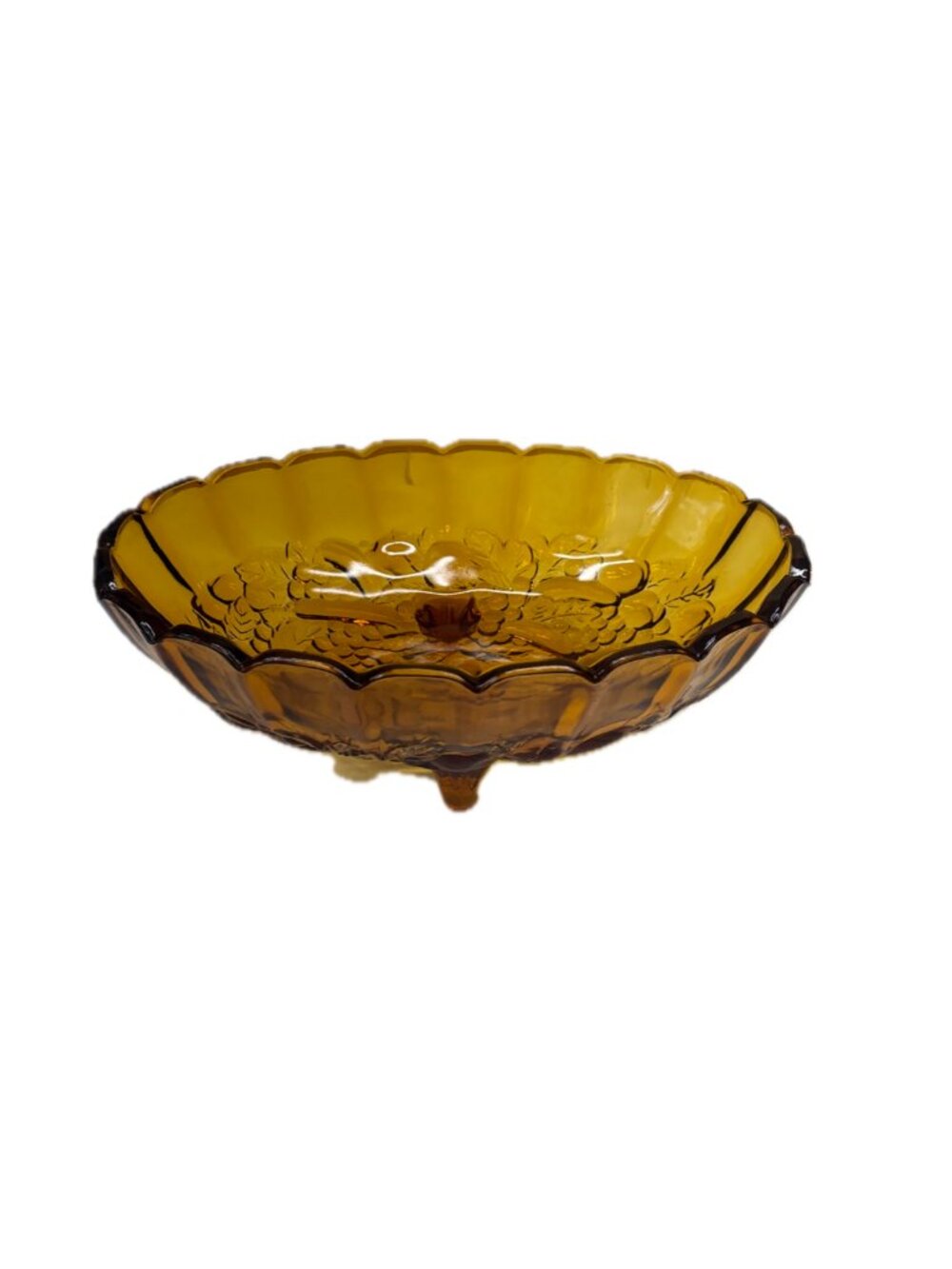 1970s Vintage Indiana Glass Amber Footed Oval Bowl “Harvest Grape” Pattern MCM